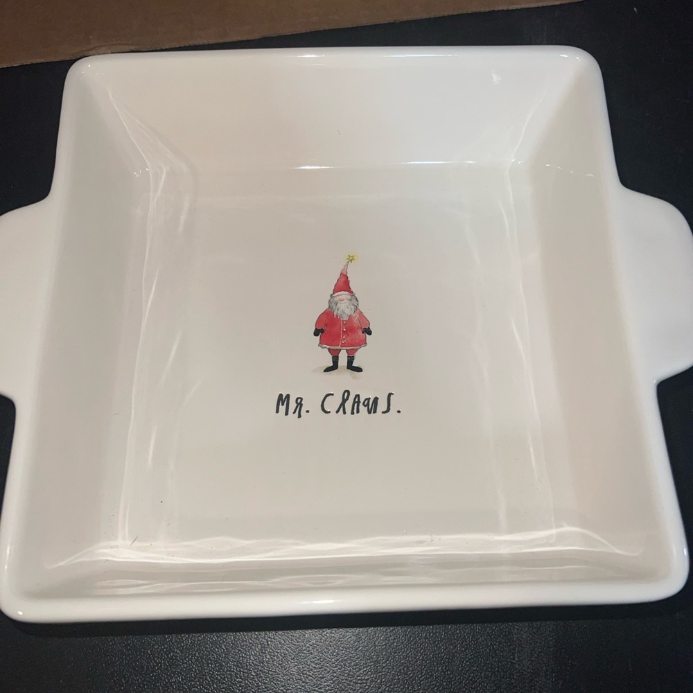 Rae Dunn White Square 8x8 baking Dish with Mr. Claus Design